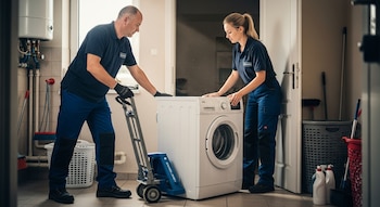 Dos técnicos, un hombre y una mujer, vestidos con uniformes azules, manipulan una lavadora blanca para sacarla de una habitación, usando un carro.
