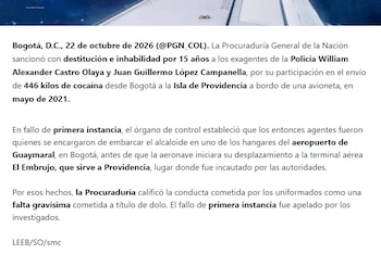 Destitución de dos exagentes de la policía por transportar droga - crédito Procuraduría