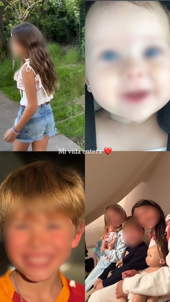 Collage de cuatro fotos: niña de pie, primer plano de bebé, niño sonriente, tres niños con muñecas. Incluye texto 'Mi vida entera' y un corazón