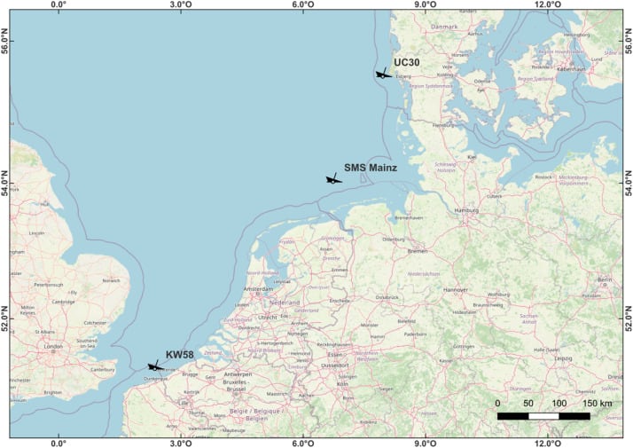 Mapa del Mar del Norte que indica la ubicación de los sitios de naufragio investigados. (sciencedirect.com)