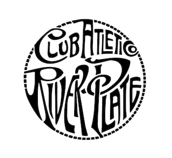 Logo circular en blanco y negro con la inscripción estilizada 'Club Atlético River Plate' en su interior, rodeado por un borde punteado
