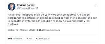 Reacciones de la clase política a la independencia de La U frente al gobierno Petro. Twitter.