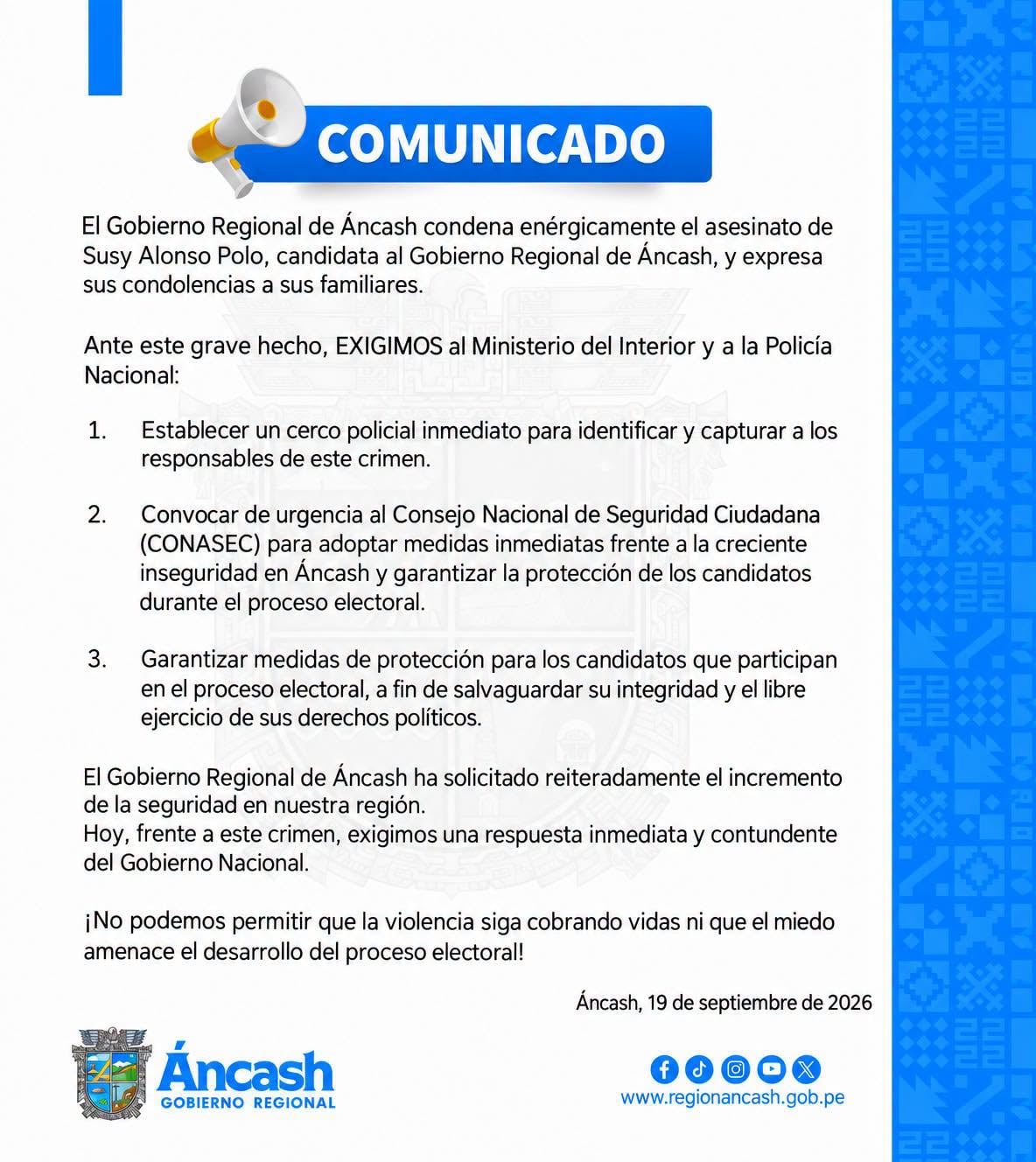 El Gobierno Regional de Áncash exige medidas de seguridad y la captura de los responsables tras el asesinato de la candidata Susy Aponte Polo. (Foto: Gobierno Regional de Áncash)