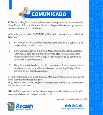 Comunicado del Gobierno Regional de Áncash impreso sobre fondo blanco con un icono de megáfono y el escudo de la institución