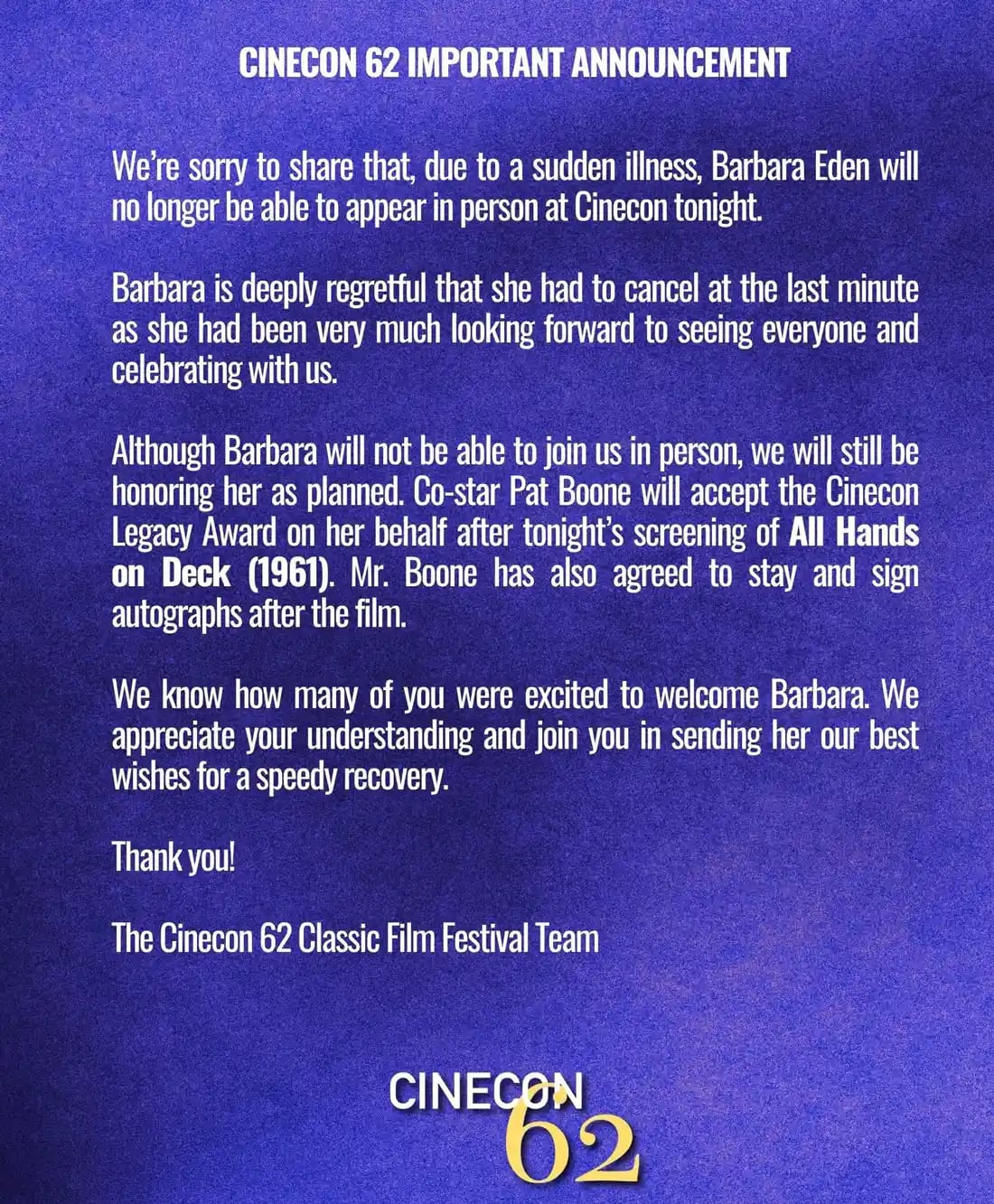La organización del festival aseguró que Barbara Eden se encontraba enferma. (Facebook)