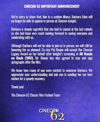 La organización del festival aseguró que Barbara Eden se encontraba enferma. (Facebook)