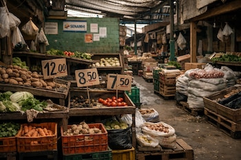 Puestos de mercado con papas, zanahorias, lechugas, tomates y otros productos. Hay carteles de precios con las cifras 12.00, 8.50 y 7.50, y un letrero del SENAMHI.