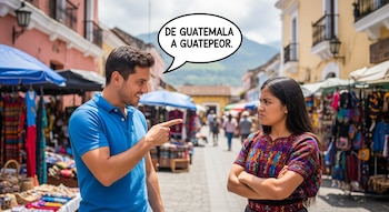 Hombre en polo azul señala a mujer con traje tradicional y brazos cruzados en un mercado. Un globo de texto dice "DE GUATEMALA A GUATEPEOR".