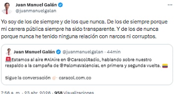 Juan Manuel Galán defendió su trayectoria y negó vínculos con narcos y corruptos - crédito @juanmanuelgalan/X