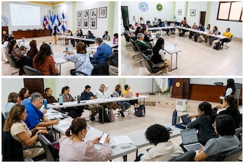 Collage de tres imágenes con personas reunidas en mesas en forma de U usando computadoras y cuadernos frente a banderas.