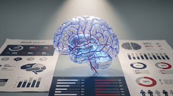 Un modelo anatómico de cerebro humano transparente con venas azules y arterias rojas, posado sobre papeles con gráficos y estadísticas de salud cerebral.