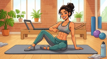 Ilustración de una mujer sonriente en ropa deportiva sentada en una colchoneta, señalando sus abdominales. Al fondo, un reformador de Pilates y plantas