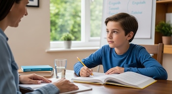 Un niño escribe en un libro abierto con un lápiz mientras una mujer sentada enfrente le observa. Un vaso de agua y libros están sobre la mesa.