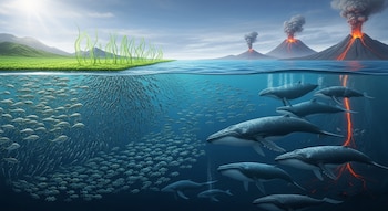 Imagen científica de un corte transversal de un ecosistema marino con algas verdes en la superficie, cardúmenes de peces y ballenas nadando bajo el agua, y volcanes en erupción en el horizonte.