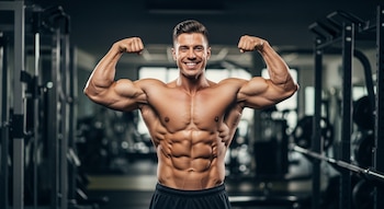 Un hombre musculoso sin camisa, con pantalones cortos negros, flexiona sus bíceps y sonríe directamente a la cámara dentro de un gimnasio.