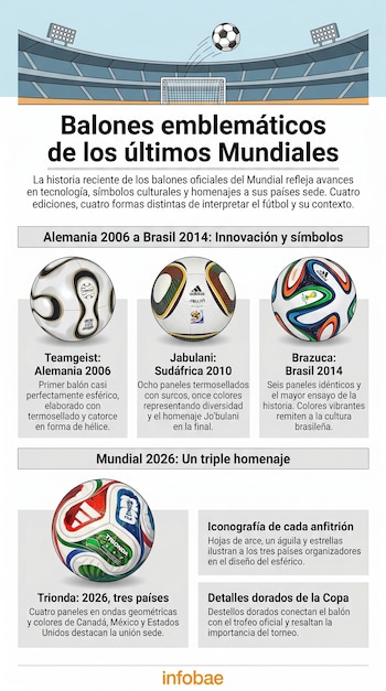 Infografía que muestra la evolución de los balones oficiales de la Copa Mundial: Teamgeist, Jabulani, Brazuca y Trionda, con un estadio y un gol al fondo.
