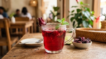 Una taza de vidrio con una bebida roja, una flor en el borde y menta, junto a un recipiente con flores secas y medio limón.