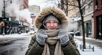 Primer plano de una persona en la calle nevada, con parka, gorro, bufanda y guantes, su aliento visible en el aire helado. Edificios y vehículos borrosos al fondo.