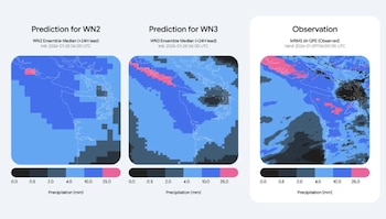 Tres mapas de precipitación con escala cromática en milímetros que comparan dos predicciones y una observación