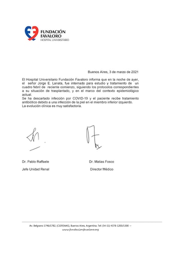 Parte médico paciente Jorge Lanata