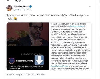 Martín Santos salió en defensa de su padre el expresidente Juan Manuel Santos - crédito @MartinSantosR