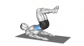 Ilustración 3D de persona en colchoneta elevando piernas flexionadas, músculos abdominales resaltados en azul.