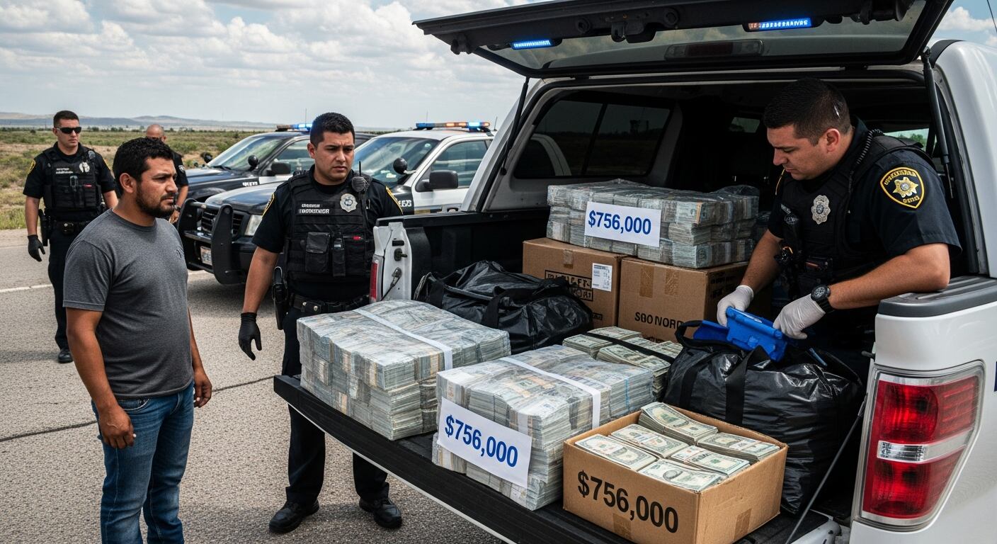 Un hombre fue detenido con 756 mil dólares en su camioneta durante un operativo contra el lavado de dinero del narcotráfico, con agentes policiales revisando el efectivo. (Imagen Ilustrativa Infobae)