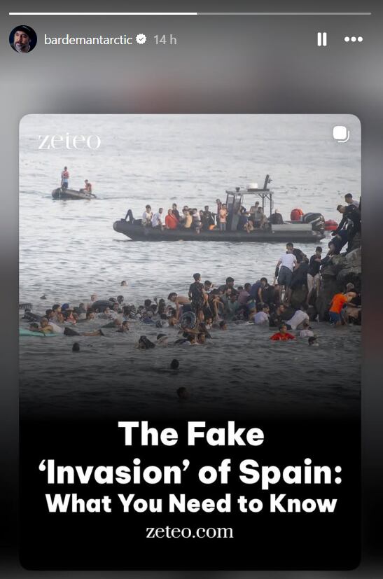 Historia subida por Javier Bardem sobre la crisis migratoria en Ceuta en agosto de 2026. (Instagram)