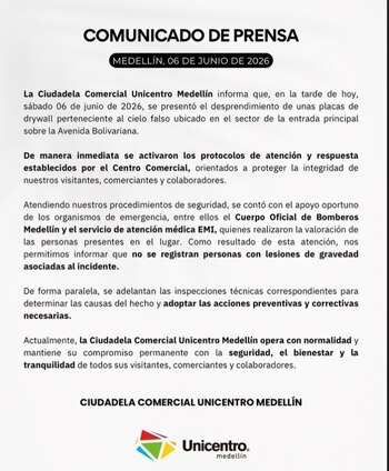 Comunicado oficial del Centro Comercial Unicentro Medellín tras desprendimiento de unas placas del techo - crédito Unicentro Medellín