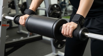 Primer plano de dos manos sujetando una barra de levantamiento con agarres de barra gruesa negros en un gimnasio. Se observan muñequeras de soporte.