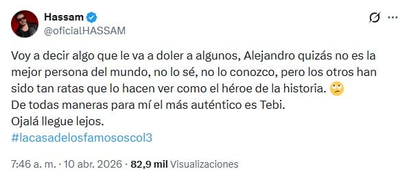 El comediante afirmó que la estrategia de los otros participantes era tan negativa que hacían ver a Estrada como el héroe - crédito @oficialHASSAM/X