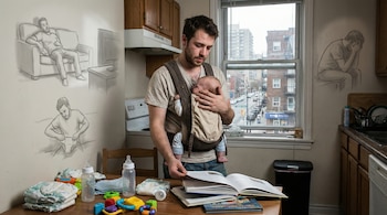 Joven padre con bebé en portabebés en cocina. Mira libros en mesa con biberones y pañales. Ventana muestra vista urbana; dibujos de padres en paredes.
