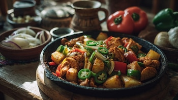 Platillo mexicano con pollo cocinado en salsa de jitomate, papas, pimientos y chiles verdes. - (Imagen Ilustrativa Infobae)