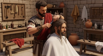 Barbero romano corta el cabello largo de un ciudadano en una barbería. Se ven paredes de piedra, bancos de madera, vasijas y herramientas.
