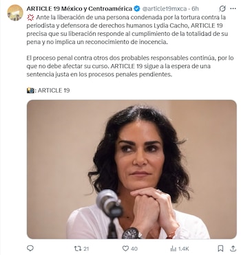 Mensaje de la organización en defensa de la libertad de expresión. Crédito: X - @article19mxca