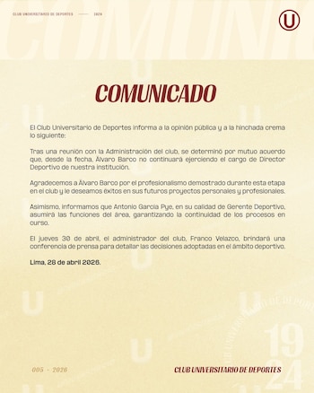El comunicado de Universitario que anuncia la salida de Álvaro Barco como director deportivo. Crédito: X Universitario.