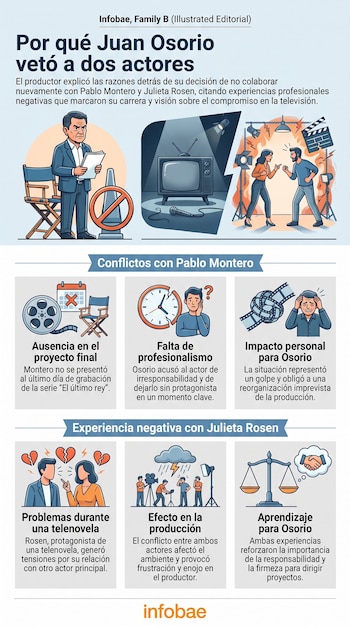 Infografía ilustrada que muestra a un productor, un símbolo de prohibición, un televisor, equipo de filmación y viñetas sobre conflictos con dos actores.