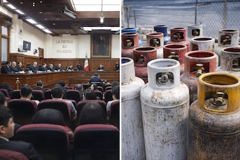 Un díptico muestra la sala del pleno de la Suprema Corte de Justicia de la Nación y varios tanques de gas licuado de petróleo de colores.