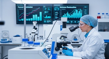 Científica con bata blanca, gorro y gafas de seguridad mira por un microscopio en un laboratorio moderno. Dos pantallas muestran gráficos de remisión de cáncer y restauración inmunológica.