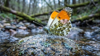 Una mariposa de alas anaranjadas y blancas posada sobre una piedra húmeda en la corriente de un riachuelo con árboles al fondo.