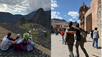 Díptico. Izquierda: tres personas de espaldas sentadas en una rejilla frente a Machu Picchu. Derecha: dos personas de espaldas caminando en una plaza de Cusco