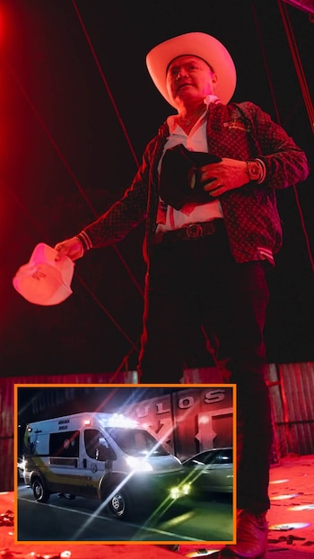 Un hombre con sombrero sobre un escenario iluminado de rojo y un recuadro inferior con una ambulancia de noche