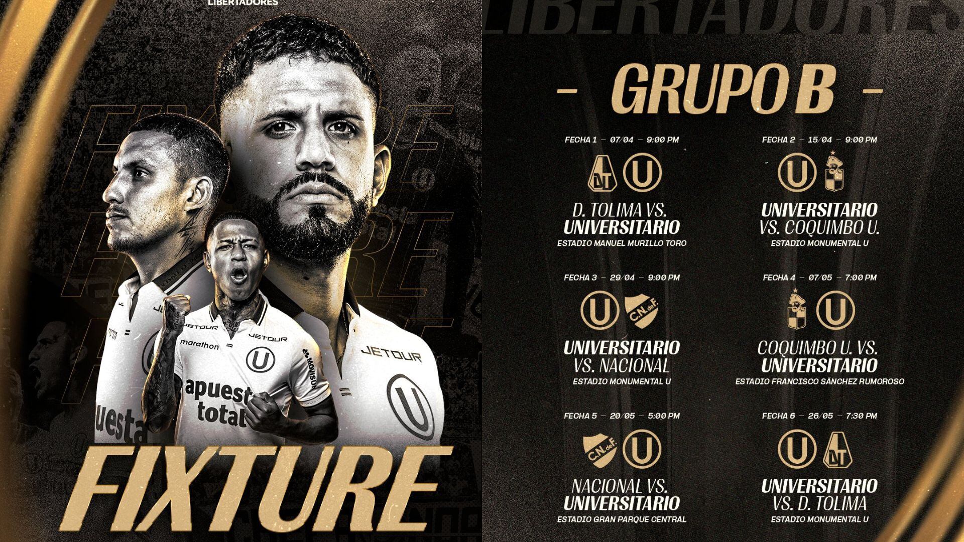 Fixture confirmado de Universitario en la fase de grupos de la Copa Libertadores 2026.