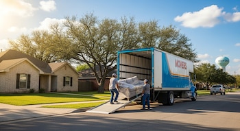 Dos hombres cargan un sofá en un camión de mudanza azul en una calle residencial. A lo lejos, se observa una torre de agua con "Pecan Creek".