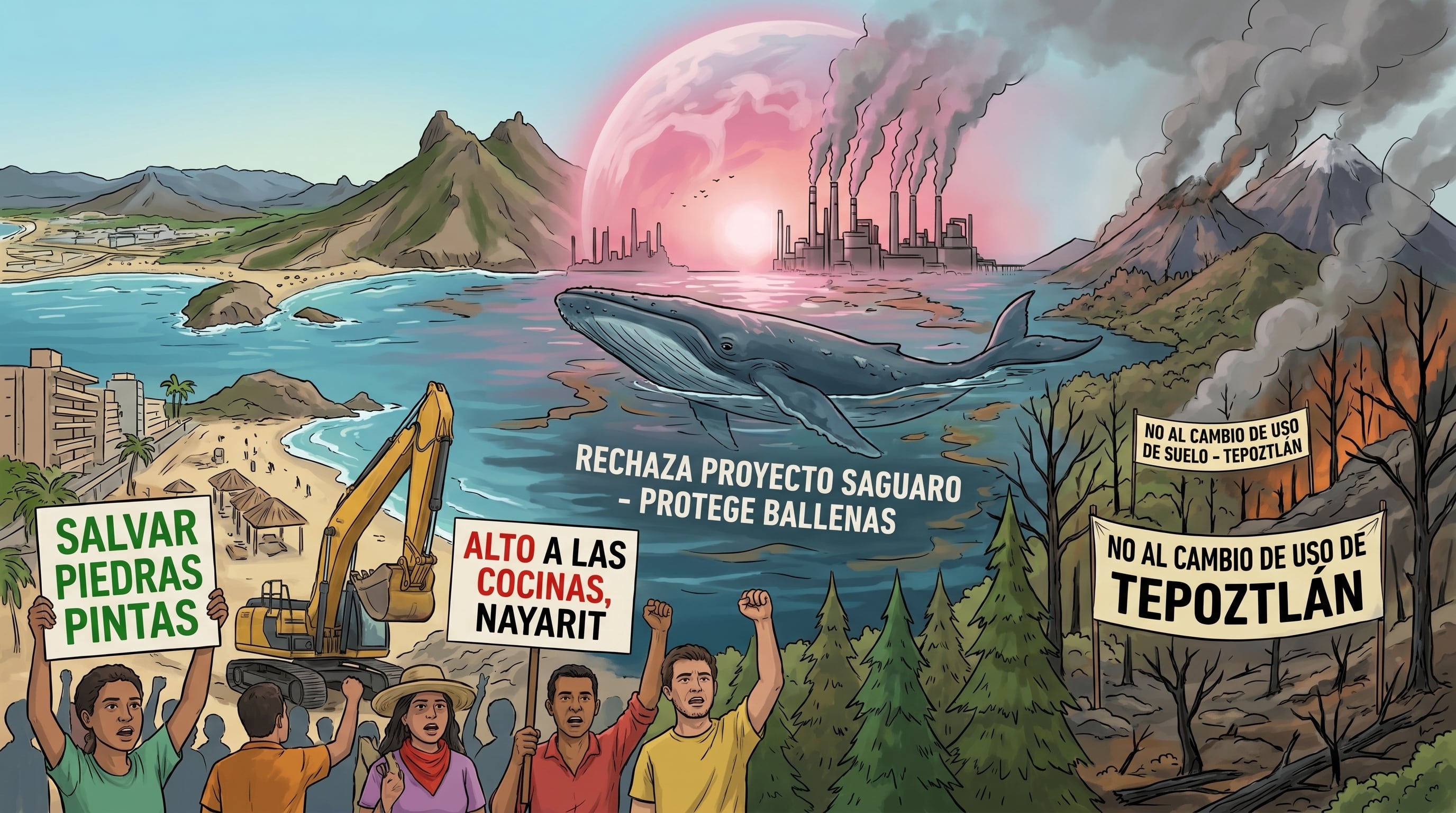Un collage ilustra las diversas batallas ambientales que se libran en México, desde la protección de costas y fauna marina hasta la defensa contra la deforestación y la contaminación industrial. (Imagen Ilustrativa Infobae)