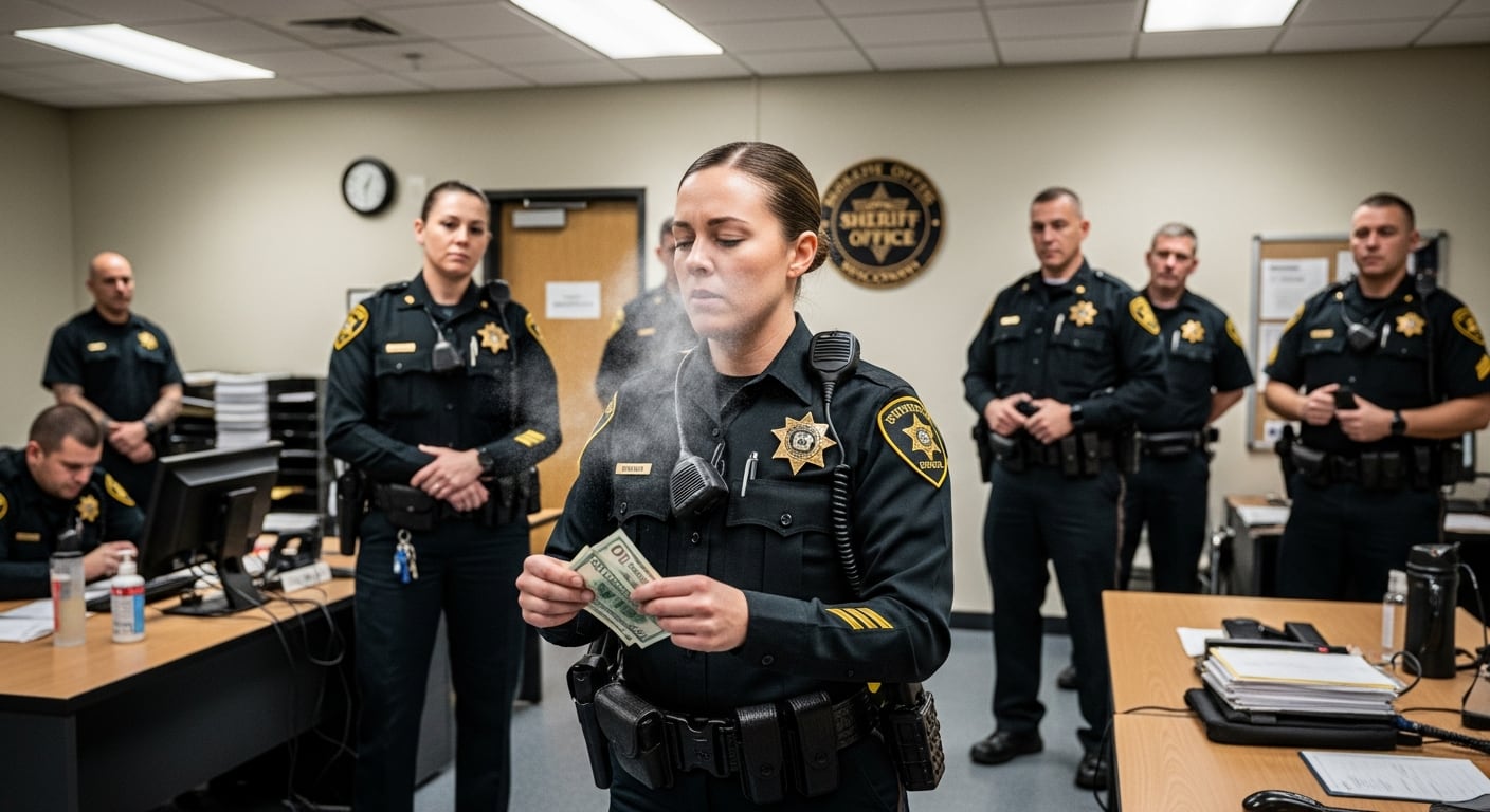 Una agente del alguacil recibe un aerosol nasal Narcan de sus colegas después de ser expuesta a una sustancia en billetes, en una sala de ingreso de un centro penitenciario en Wisconsin (Imagen Ilustrativa Infobae)