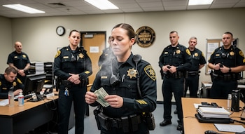 Agente del alguacil en uniforme recibe aerosol nasal mientras una nube de polvo blanco se dispersa de billetes que sostiene. Colegas y equipo policial alrededor en una oficina.
