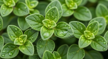 Primer plano de hojas de orégano verdes con diminutas gotas de agua sobre su superficie texturizada. El fondo se compone de más hojas borrosas.