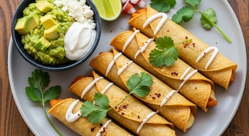 Primer plano de flautas doradas y crujientes con crema y cilantro en un plato. Se acompañan de un tazón con guacamole, aguacate, crema y una rodaja de lima.
