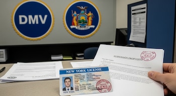 Mano sosteniendo una notificación de "Suspensión Propuesta" sobre una licencia de conducir de Nueva York en un escritorio de oficina, con los logos del DMV y del estado de Nueva York en la pared de fondo.